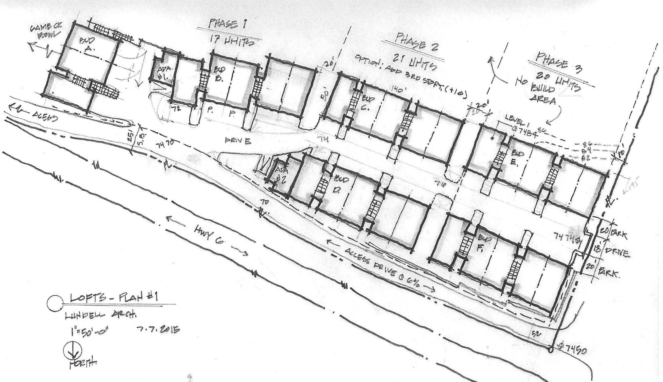Robert Lundell's hand sketch of the Lofts, plan #1, with dimension strings and room notes, signed and dated 7.7.2015